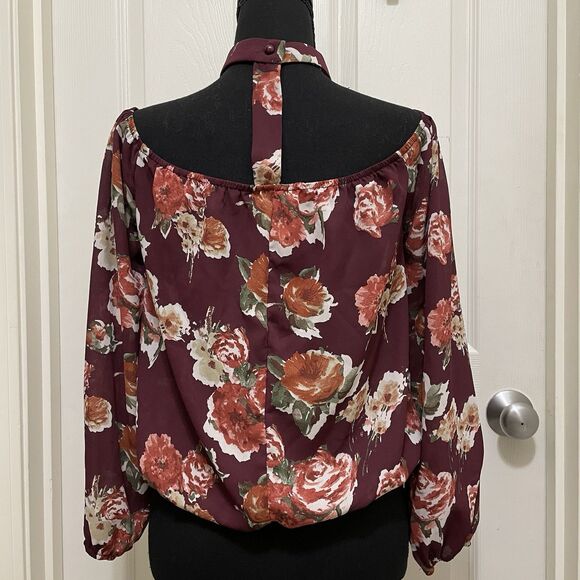 Charlotte Russe Off Shoulder Crop Choker Blouse Burgundy‎ Floral Women's Medium - Picture 3 of 9